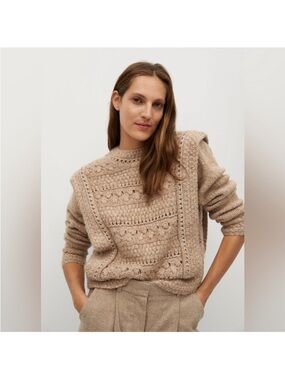 Mango Wool Blend Mix Knit Pom Pom Tan Sweater L